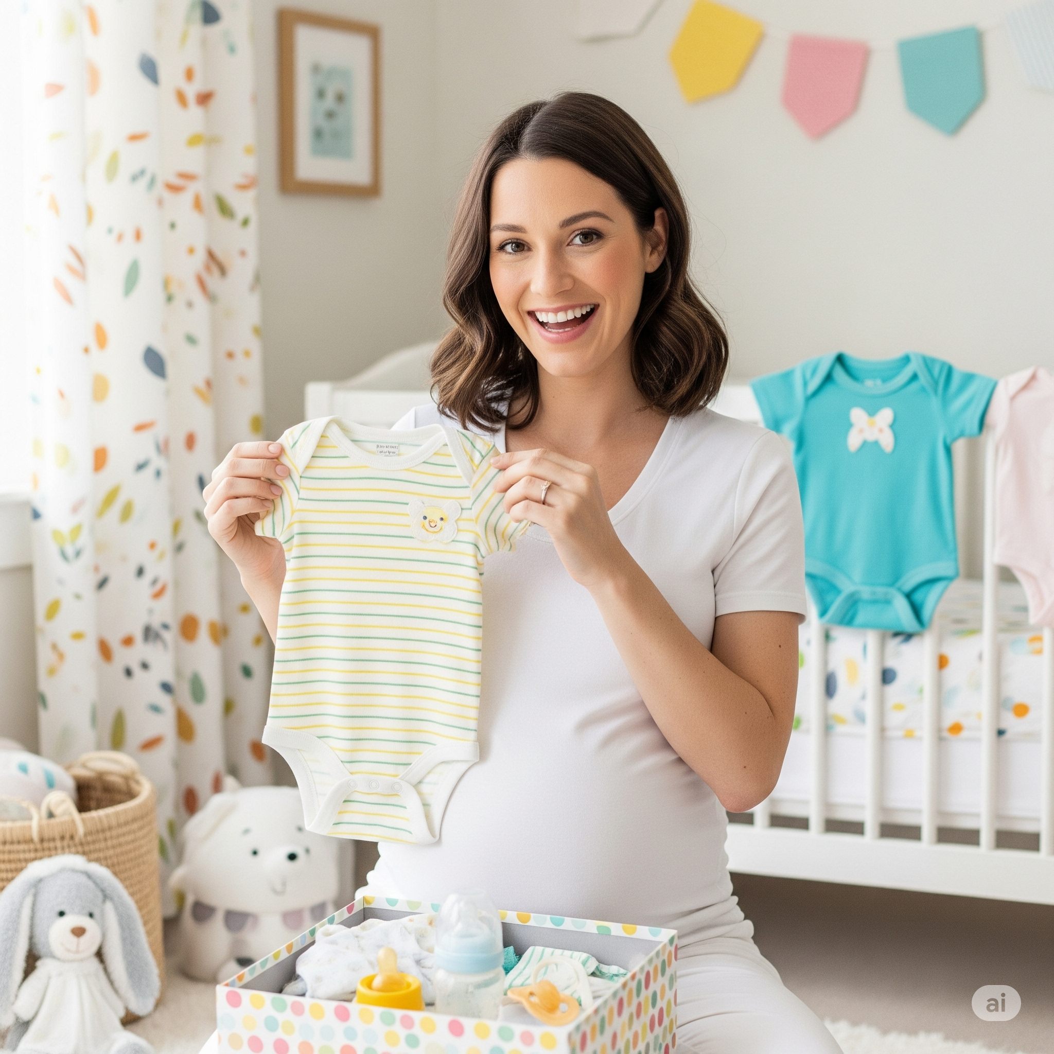 Mãe gestante feliz no quarto do bebê segurando roupinhas de bebê